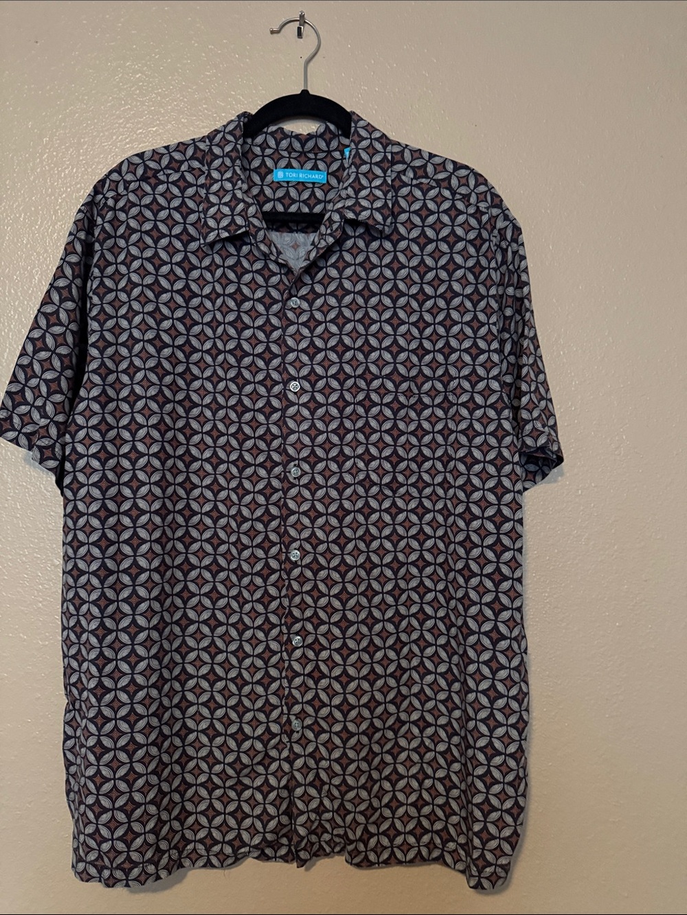 Tori Richard Brown and Blue Geometric Short-Sleeve Button-Down Shirt